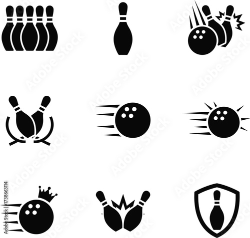 Bowling Glyph Icon Set: Black Silhouette Ball, Pin & Strike Symbols - Sport & Recreation

