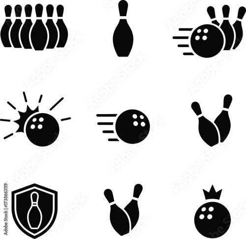 Bowling Glyph Icon Set: Black Silhouette Ball, Pin & Strike Symbols - Sport & Recreation

