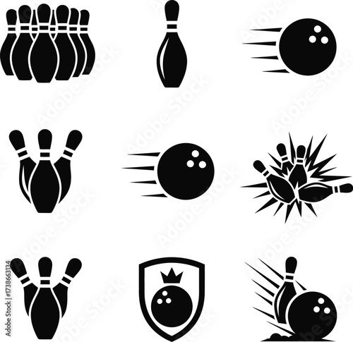 Bowling Glyph Icon Set: Black Silhouette Ball, Pin & Strike Symbols - Sport & Recreation

