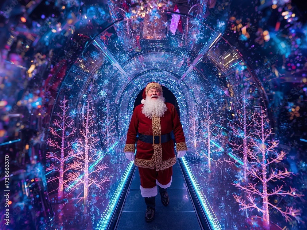 Obraz premium Santa Claus walking through a magical winter wonderland tunnel filled with festive lights and decorations, spreading holiday cheer and joy this Christmas season