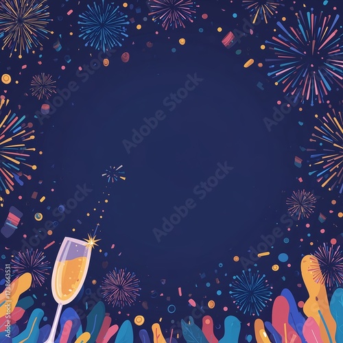 Festive Fireworks Border with Champagne on Dark Background - Copy Space