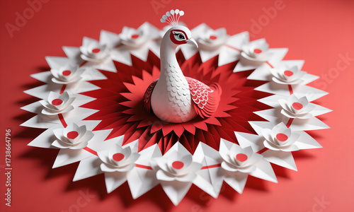 Elegant Papercut Peacock with Floral Wreath, Red and White Backdrop