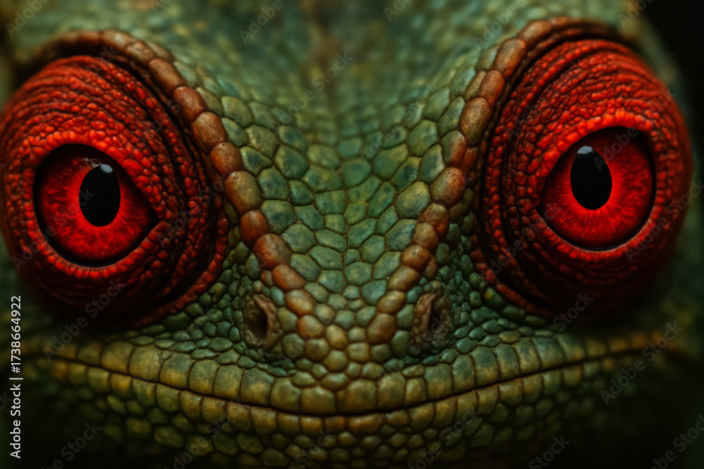 Fototapeta premium Vivid close-up of a green and red-eyed lizard resting in its natural habitat during daylight hours