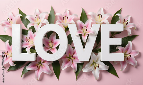 Romantic floral arrangement with lily flowers and the word 