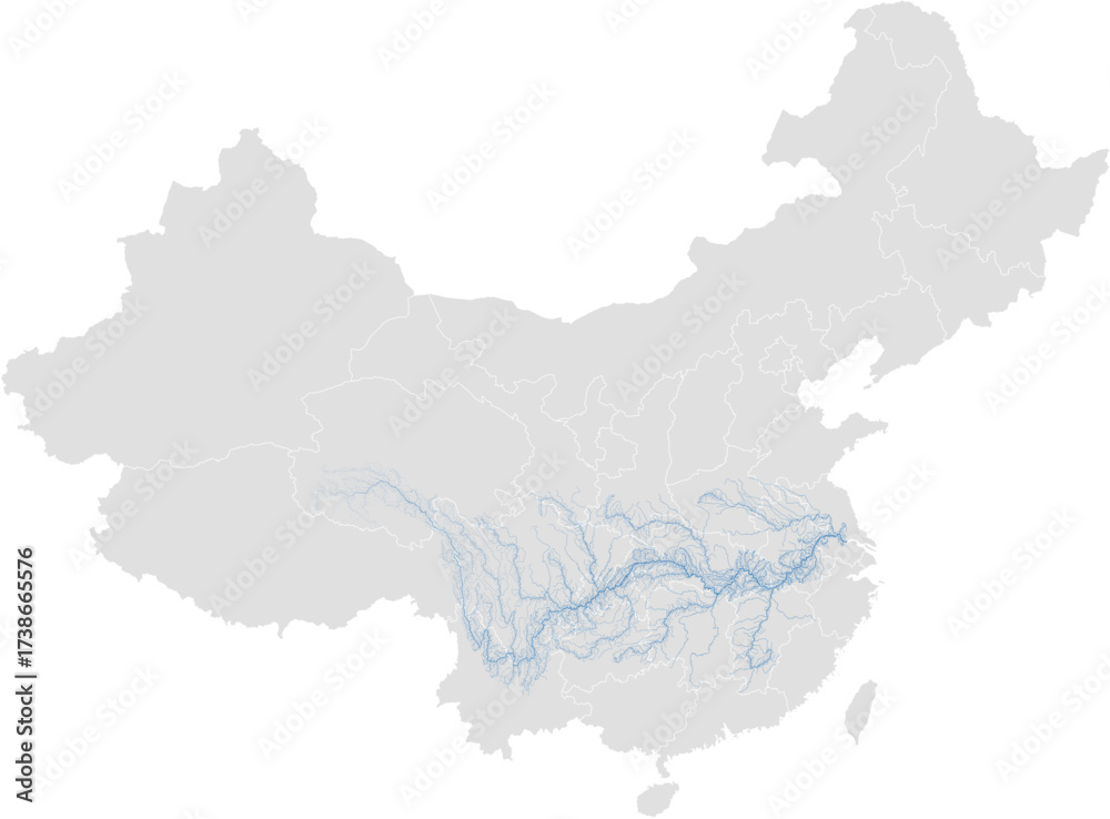 Obraz premium Changjiang River system – China rivers vector map with province boundaries (Web Mercator projection, based on river size, PPT-compatible & fully editable)