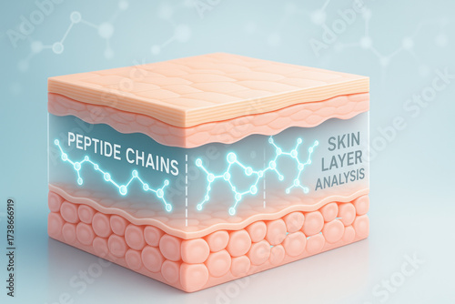 Soft skin cross section showing peptide chains boost serum drop in skincare routine with layered tissue collagen visualization and scientific analysis for beauty treatment