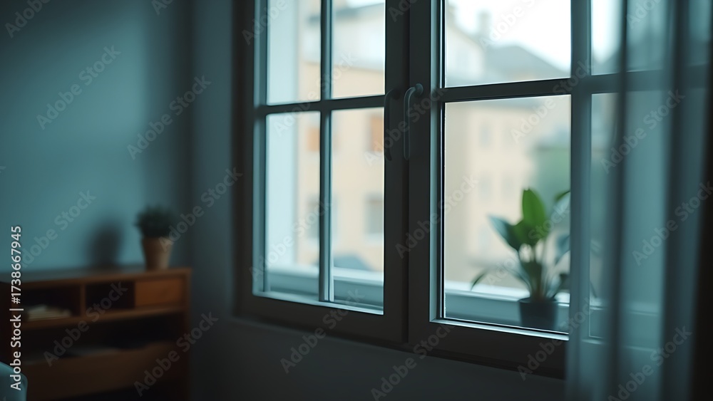 Fototapeta premium A closed window in a simple room with natural ambient light filtering through.