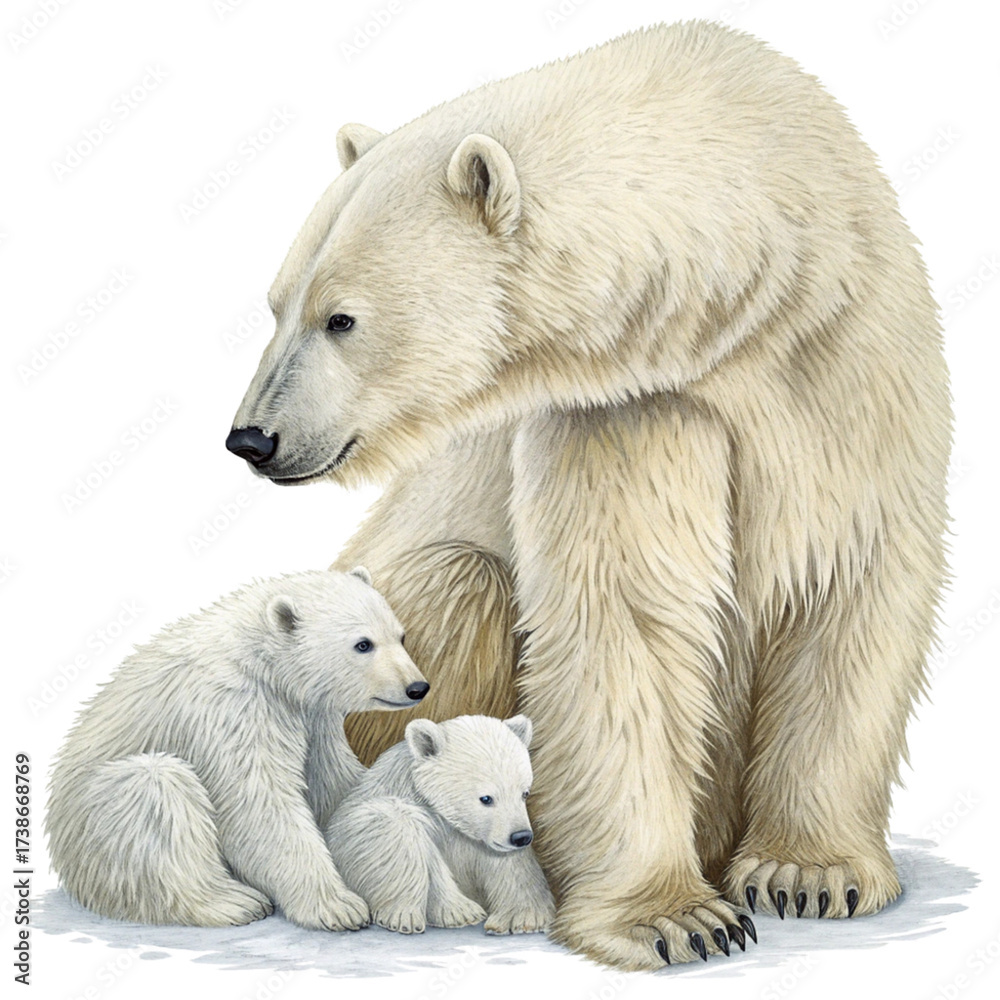 Fototapeta premium Gentle polar bear mother protects adorable cubs in snowy arctic habitat 