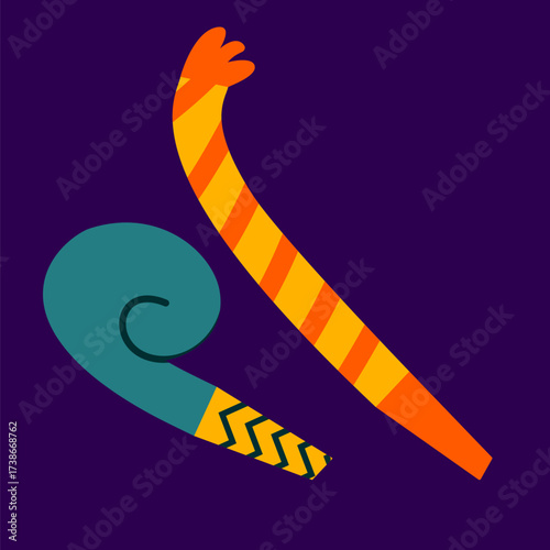 A festive and fun illustration featuring two colorful party blowers (or horns) set against a deep, dark purple background. One blower is a long, straight horn decorated with bright orange and yellow 