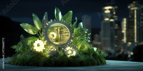 A Futuristic Fusion of Nature and Technology Showcasing Gears Surrounded by Lush Greenery and Cityscape