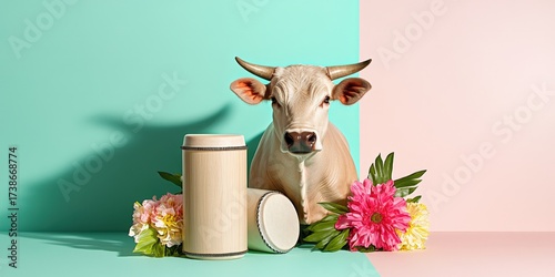 Cow Surrounded by Colorful Flowers and Decorative Containers Against a Soft Color Background