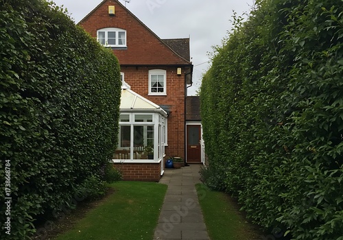Narrow garden pathway between a white conservatory and a tall green hedge, leading to a red brick house with a gabled roof. Overcast sky adds a calm, moody touch to this charming residential scene.
