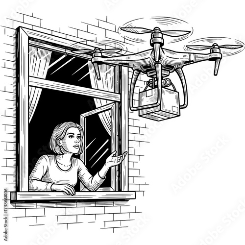 Future of delivery A woman receives a package from a drone at her window, showcasing innovative contactless logistics and efficient e-commerce service