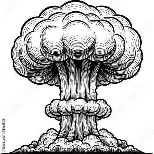 Striking monochromatic woodcut illustration of a massive, towering explosion cloud, symbolizing immense power, transformative impact, and overwhelming force