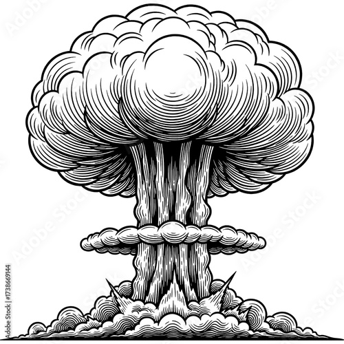 Dramatic illustration of a massive mushroom cloud, symbolizing a powerful and destructive explosion with immense force and widespread impact, rendered in a vintage engraving style