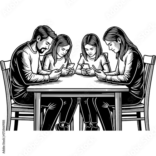Modern family engrossed in smartphones at a table, illustrating the digital impact on shared moments and interpersonal connection within contemporary households