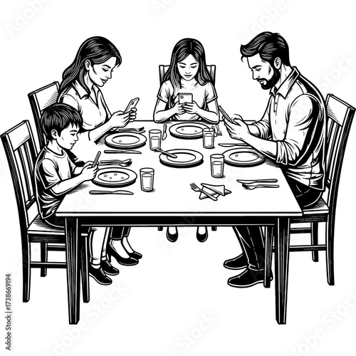 A modern family's dinner scene depicting digital disconnection, with each member absorbed in their smartphones instead of interacting, highlighting the impact of technology on family bonding