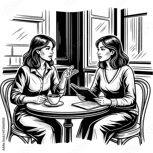 Candid monochrome illustration of two men engaged in a dynamic conversation over coffee at a cafe table, depicting social interaction and communication