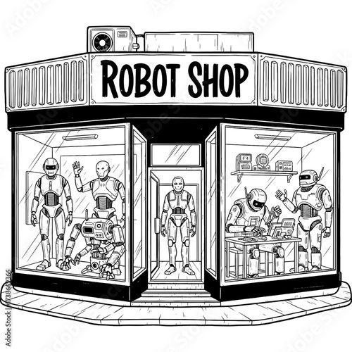 Black and white illustration of a vintage robot store facade, showcasing an eclectic collection of mechanical figures and electronic companions in its display windows