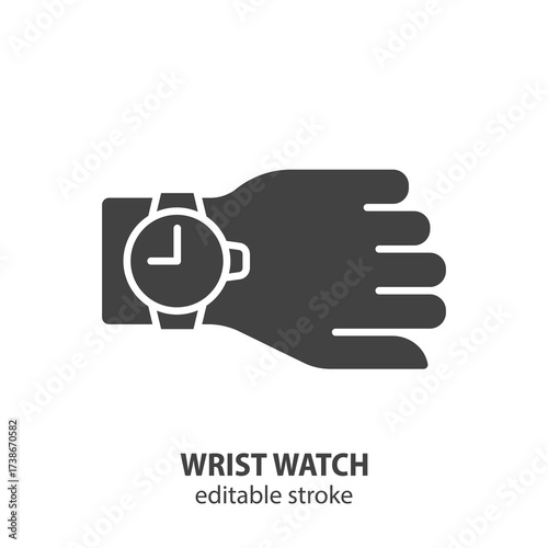 Wrist watch glyph icon. Watch on hand black symbol. Vector illustration.