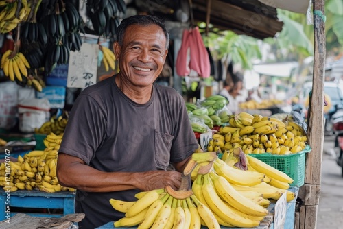 Senior Asian man smiling at banana fruits market stall