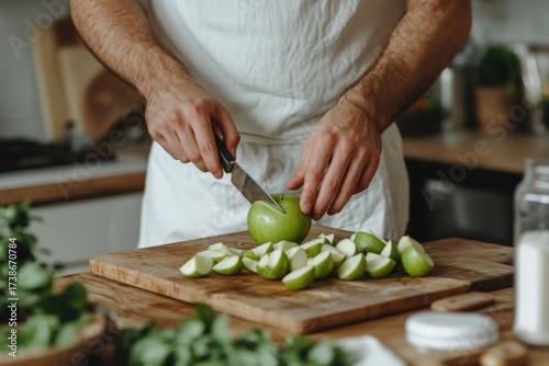 Person cutting green apple on cutting board in kitchen
