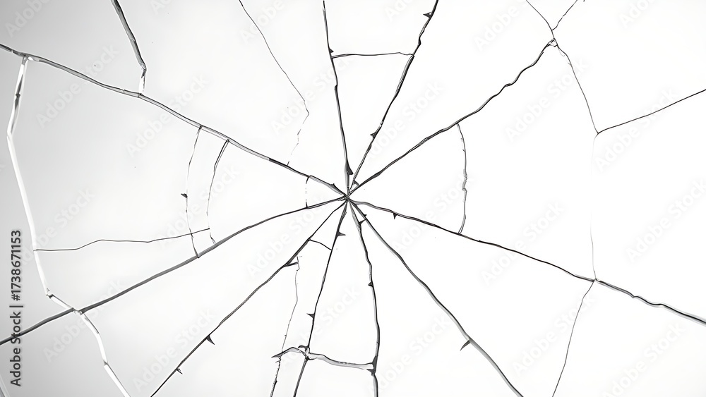 Obraz premium Macro shot of cracked glass texture with high contrast on white.