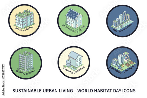 World Habitat Day Icons – Sustainable Cities, Green Architecture, Eco Homes – Flat Vector Set