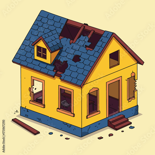 A cartoon illustration of a dilapidated yellow house with a damaged roof and broken windows, showing signs of neglect and disrepair.