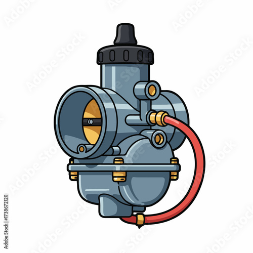 Illustration of a motorcycle carburetor with a red fuel line attached, showcasing its internal components and external structure.