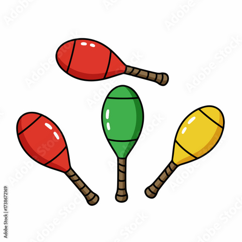 A colorful illustration of four juggling pins, two red, one green, and one yellow, arranged in a dynamic composition against a white background.
