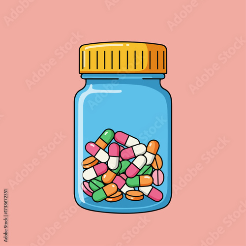 A blue plastic bottle filled with a variety of colorful pills and capsules, with a yellow cap, against a plain pink background.
