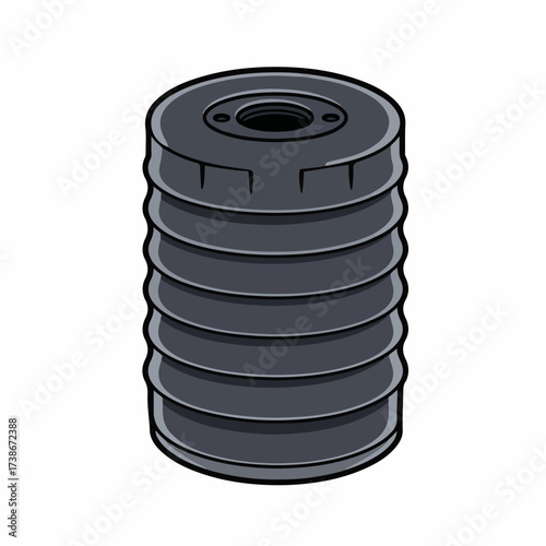 A black, ribbed, cylindrical object with a hole in the center, resembling a weight or a component.