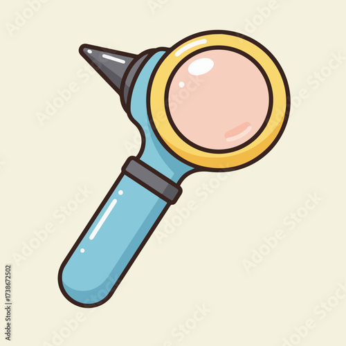 A cartoon illustration of a medical otoscope, a tool used for examining the ear canal and eardrum.