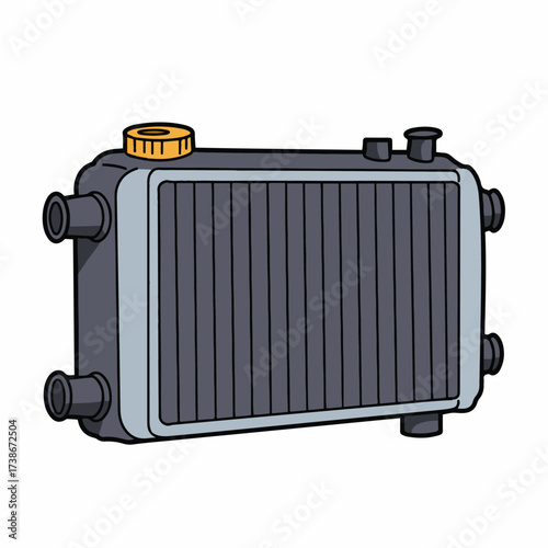 A detailed illustration of a car radiator with its cap and inlet/outlet pipes.