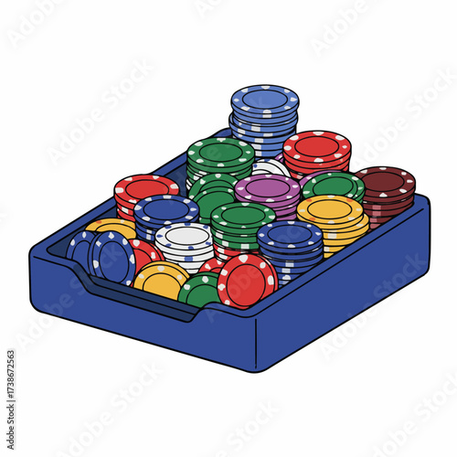 A blue tray filled with colorful stacks of poker chips in various denominations.