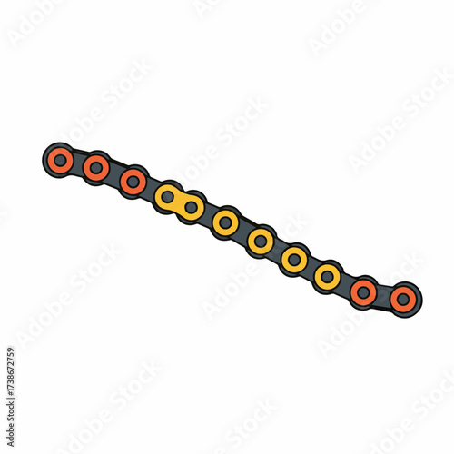 A close-up illustration of a bicycle chain with alternating orange and yellow links, set against a white background.