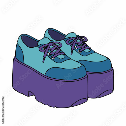 A pair of chunky platform shoes with thick purple soles and teal blue uppers.