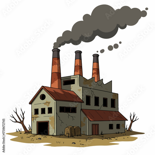 An illustration of a dilapidated factory with three smokestacks emitting dark smoke, set against a barren landscape with dead trees.