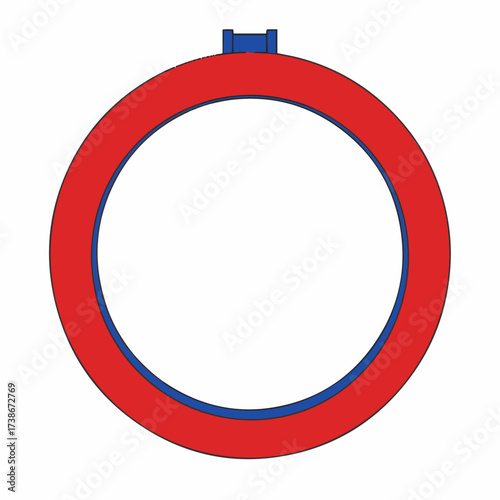 A red and blue embroidery hoop with a blue clasp at the top, isolated on a white background.