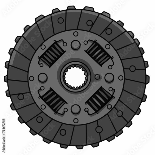 A detailed illustration of a car clutch disc, showcasing its internal spring mechanism and splined center hub.