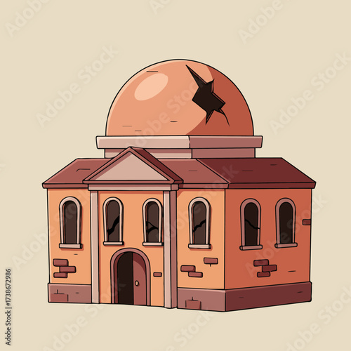 An illustration of a dilapidated building with a cracked dome and broken windows, suggesting neglect and decay.