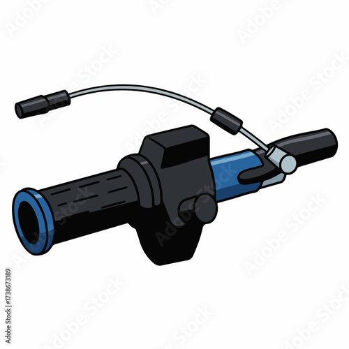 A close-up illustration of a motorcycle handlebar with a throttle grip and control levers.
