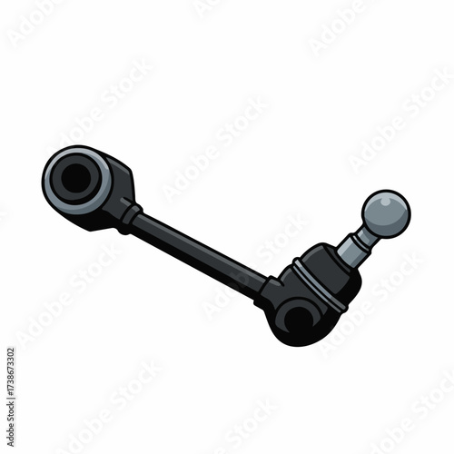 A black automotive suspension component with a ball joint and a bushing connection.