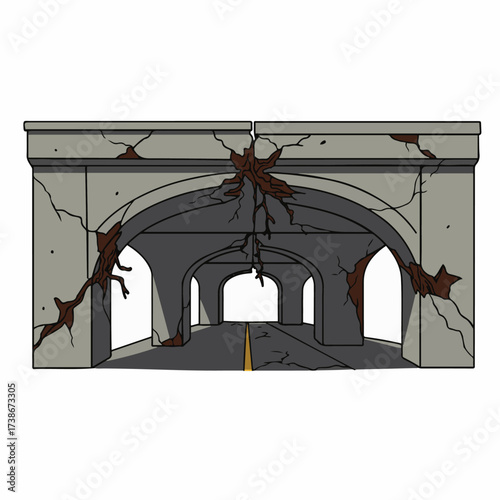 A damaged concrete overpass with arched underpasses and a road running through it, showing significant cracks and debris.