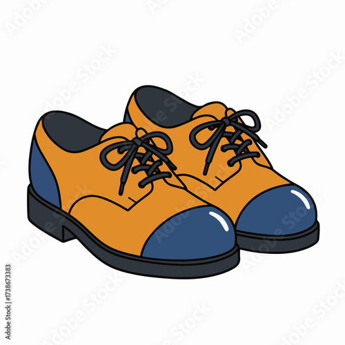 A pair of classic orange and blue oxford shoes with black laces, presented on a white background.