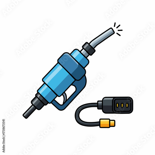 A blue fuel injector with a black connector cable and a yellow adapter.