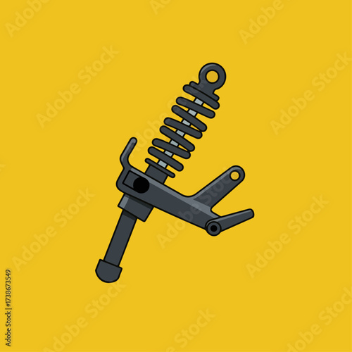 A stylized illustration of a motorcycle shock absorber with a spring and mounting bracket against a solid yellow background.
