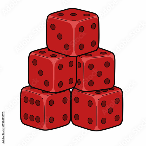 A pyramid of five red dice, stacked in a three-two-one formation, with visible pips on each face.