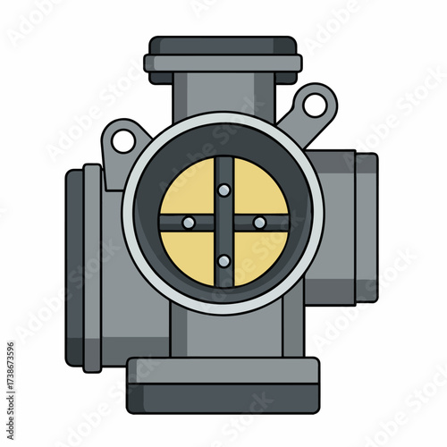 A detailed illustration of a gray carburetor with a yellow circular opening and crossbars.